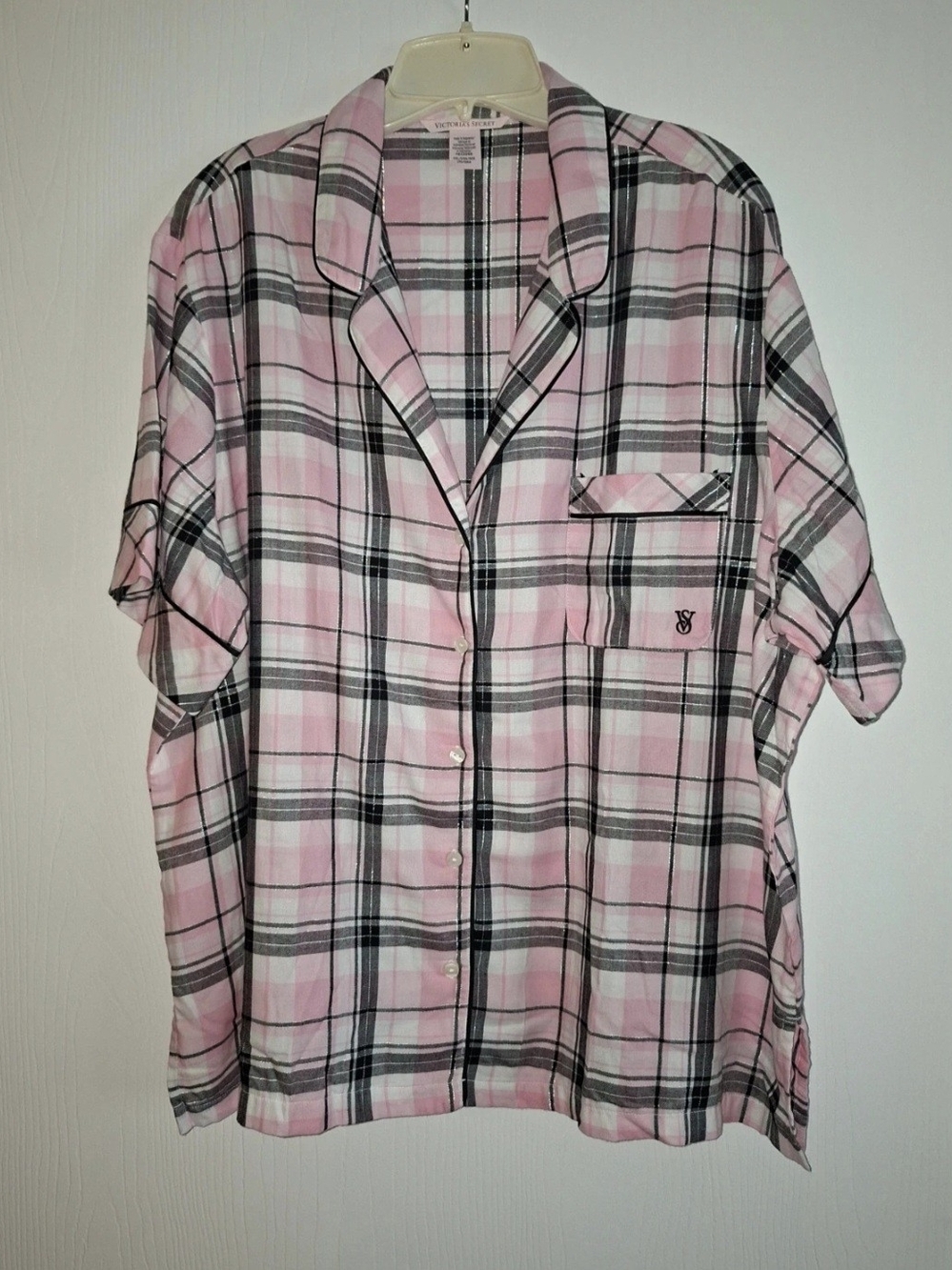 Victoria's Secret XXL Pink and Black Plaid Short-Sleeve Pajama/Lounge Top NWT